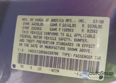 2008 Honda Accord 2.4 Ex-L from USA, damaged, VIN 1HGCS12858A028786